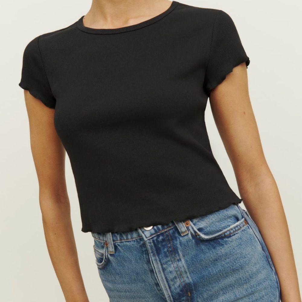 Reformation rib short sleeve soft black crew neck top small